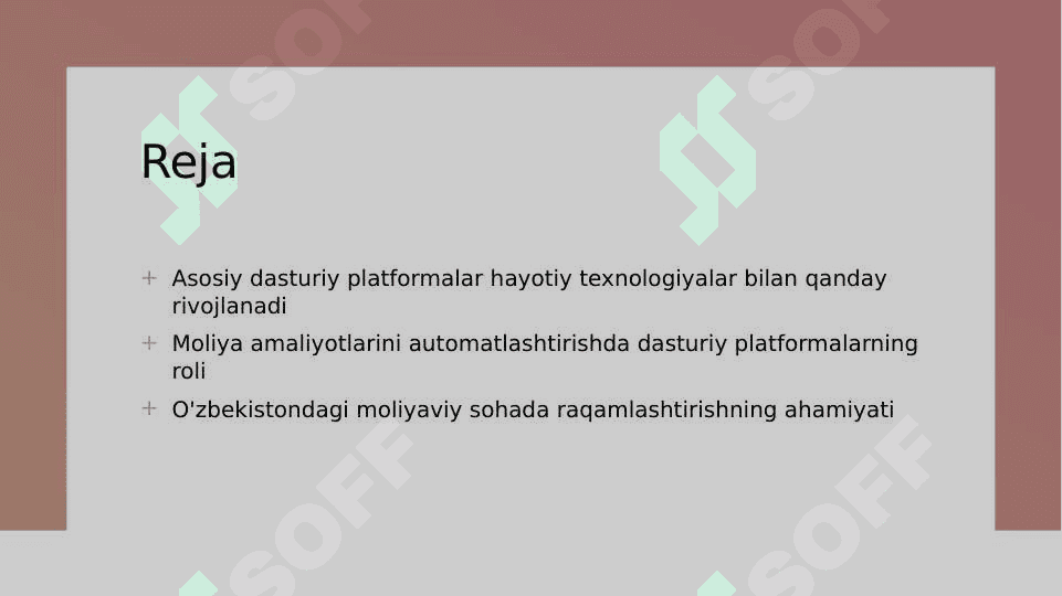 Moliyaviy amaliyotda qo'llaniladigan asosiy dasturiy platformalar va ularni raqamlashtirish transformatsiyasi 2