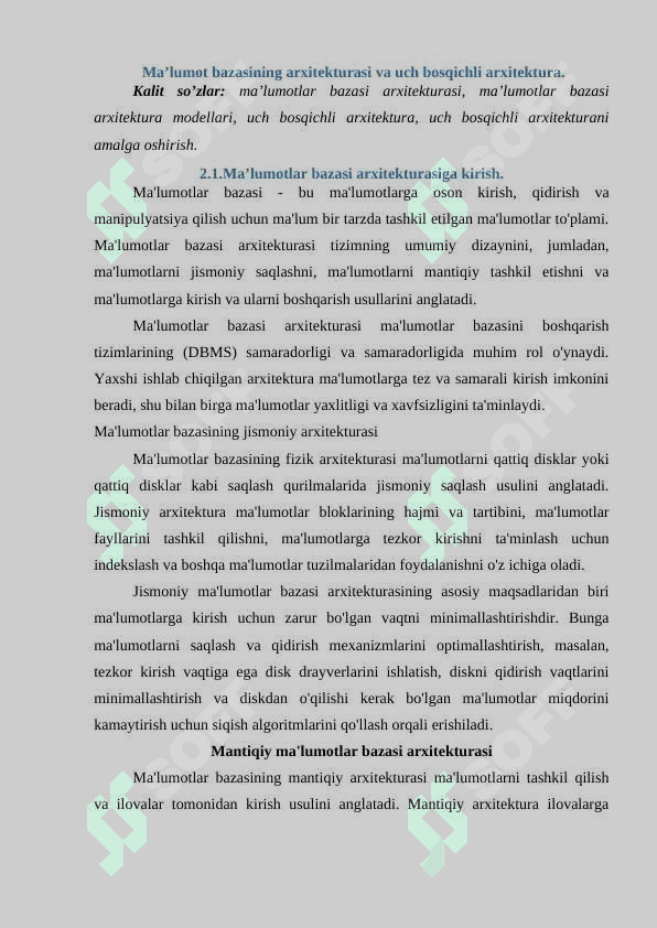 Ma’lumotlar bazasi fanidan  “Uch bosqichli arxitekturasi” 2