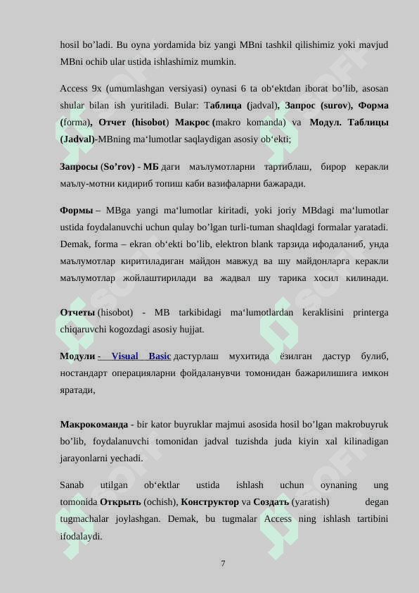 “ Yangi jadval qo’shish yordamida yangi ma’lumotlar bazasi yaratish” mavzusida tayyorlagan 7