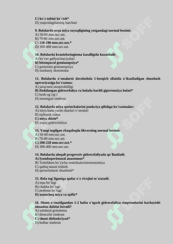 NEYROXIRURGIYADAN YAKUNIY TEST SAVOLLARI JAVOBLARI 2