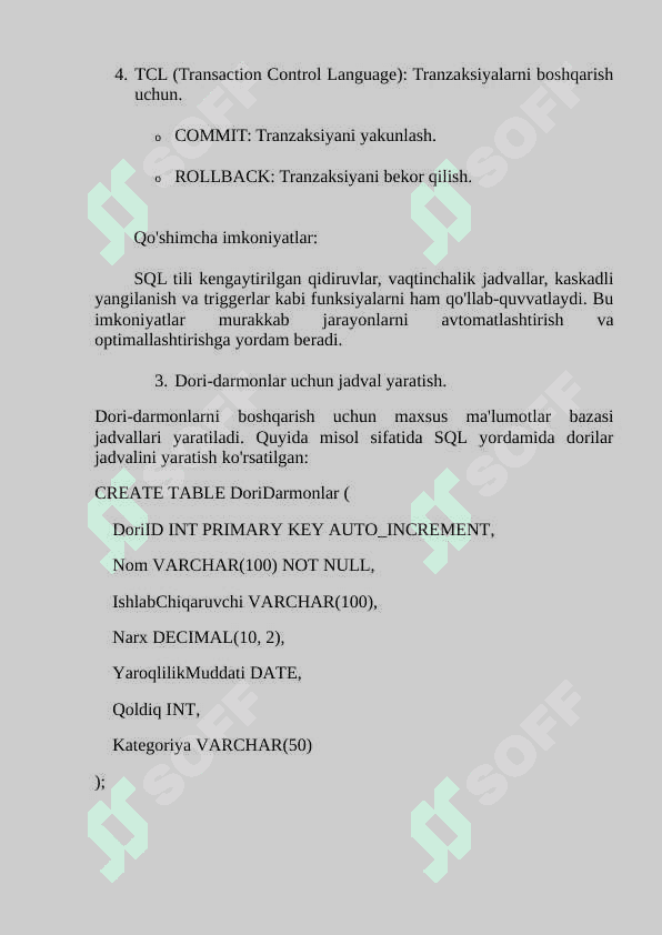 Ma’lumotlar bazasini boshqarish tizimida SQL tilida so’rovlar buyruqlarni qo’llab dori darmonlarga jadvallarni kompyuterda saqlash. 4
