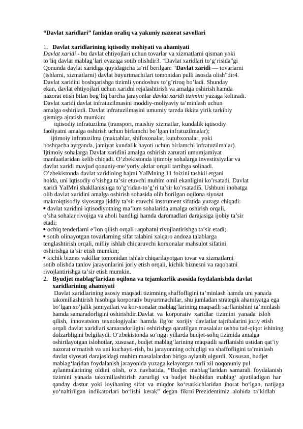Davlat xaridlari Yakuniy savol javoblari