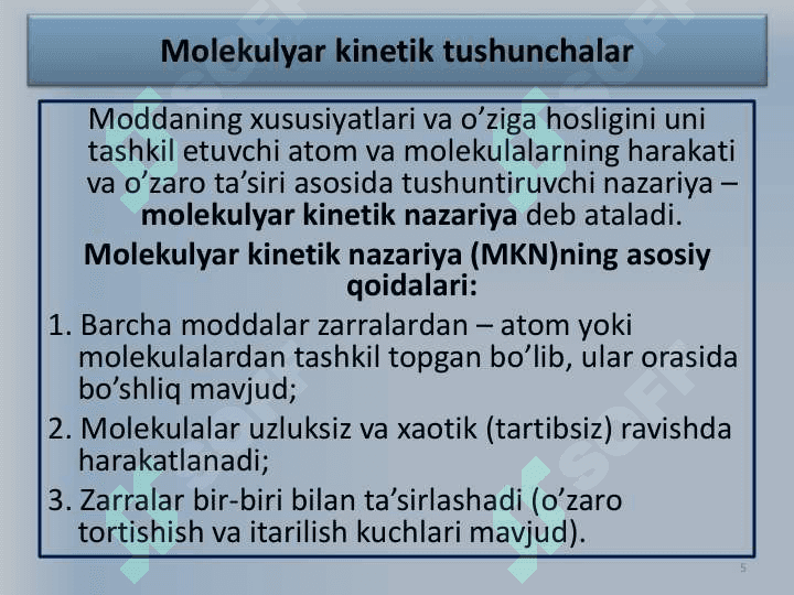 Malekulyar kinetik nazarya, Termadinamika asoslari 5