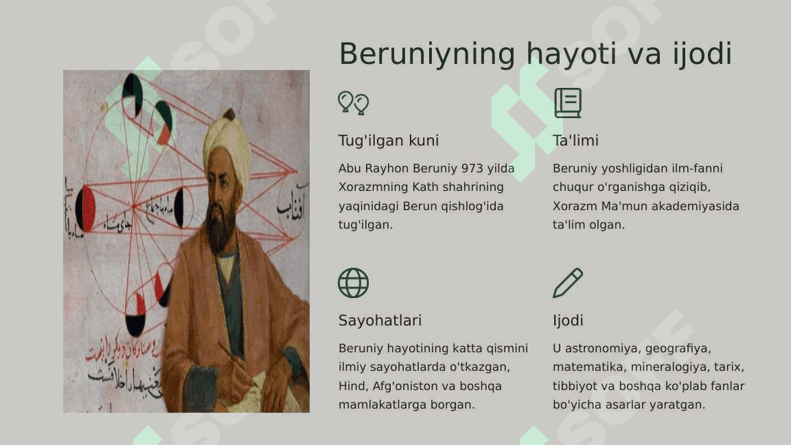 Abu Rayhon Beruniy - Xorazm Ma'mun akademiyasining yirik olimi. 2