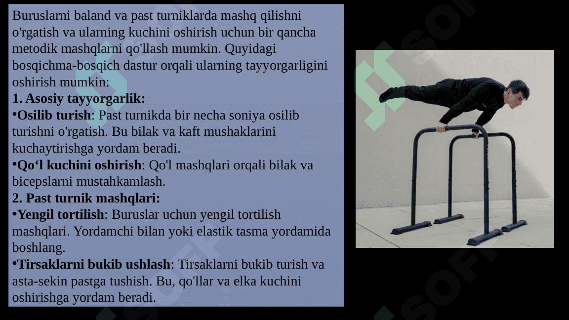 Buruslar baland va past turnikda mashqlarni bajarish oʻrgatish va takomillashtirish 2