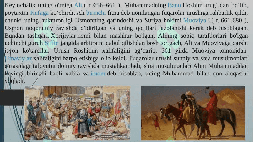 Roshid xalifalar hukmronligi davrdagi islohotlarning mohiyati ummaviylar va Abbosiylar hukmronligi davrida dinga munosabat 3