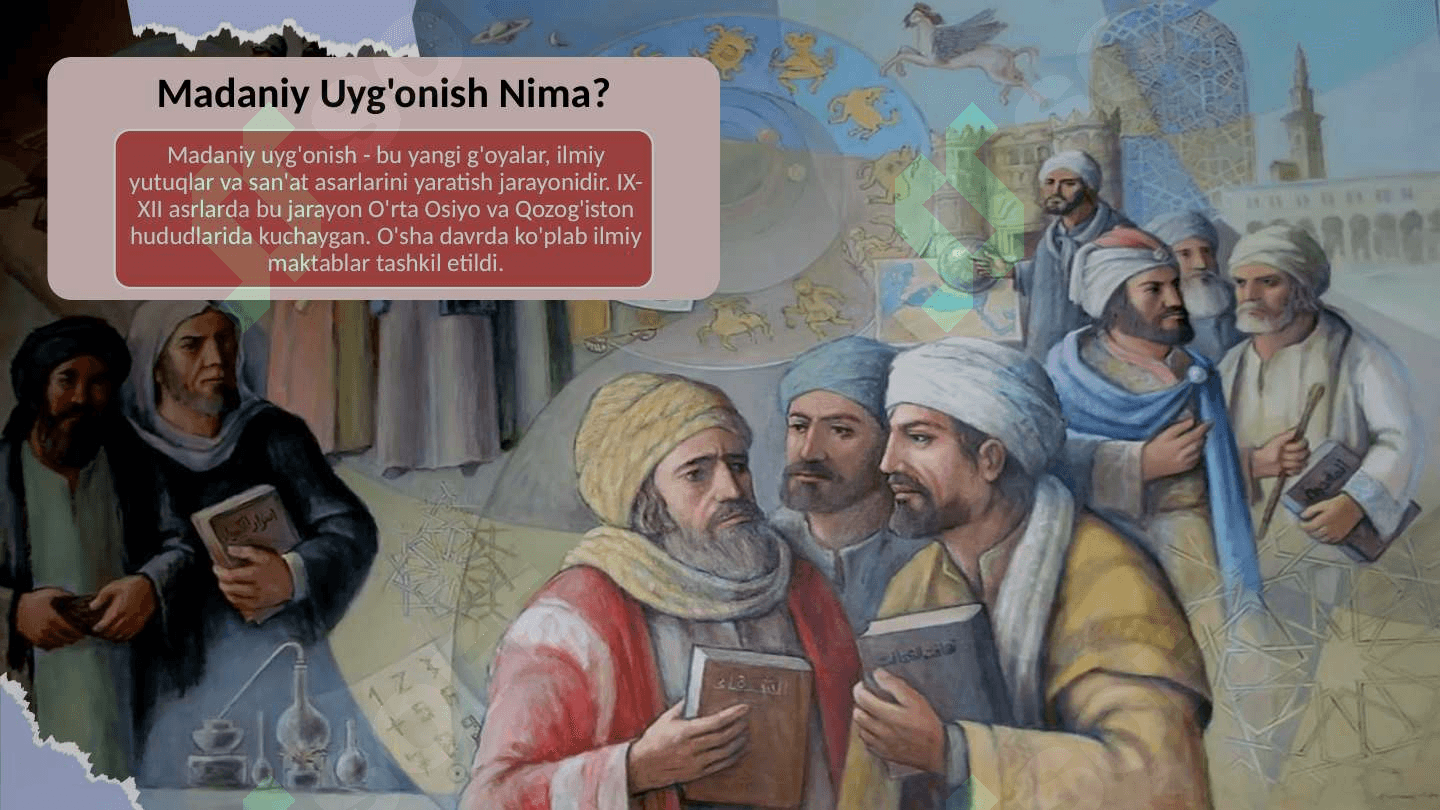 IX-XII asrlarda mamlakatimiz hududida ro'y bergan madaniy uyg'onish (Renessans).Buyuk allomalarning jahon sivilizatsiyasiga qo'shgan hissasi 3