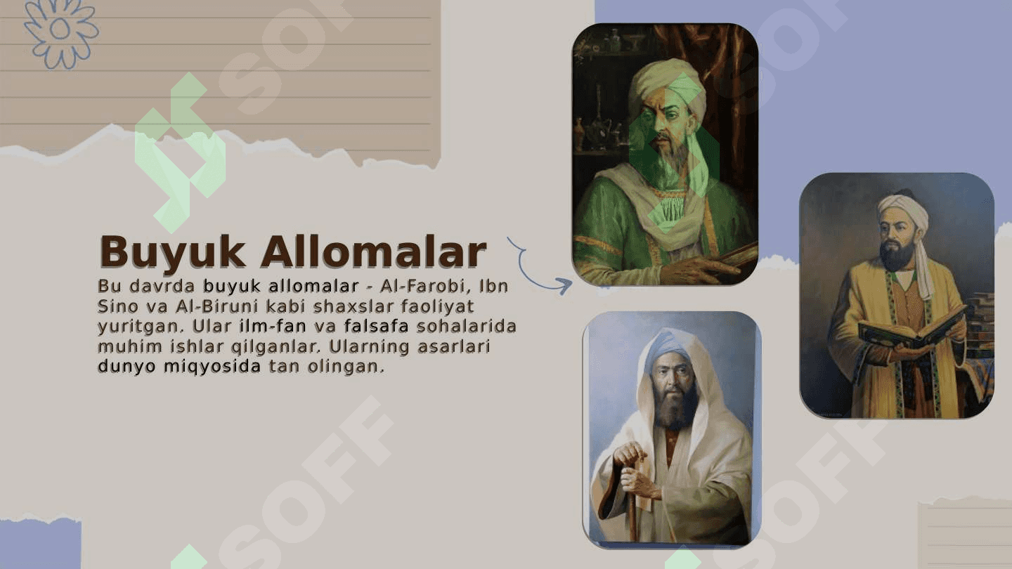 IX-XII asrlarda mamlakatimiz hududida ro'y bergan madaniy uyg'onish (Renessans).Buyuk allomalarning jahon sivilizatsiyasiga qo'shgan hissasi 4