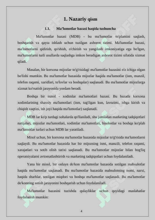 Korxona tomonidan ishlab chiqarilgan yoki sotiladigan mahsulotlarning marketing tadqiqotlari natijalarini qayta ishlash jarayonini avtomatlashtirishni tashkil etish uchun ma’lumotlar bazasini loyihalash 4