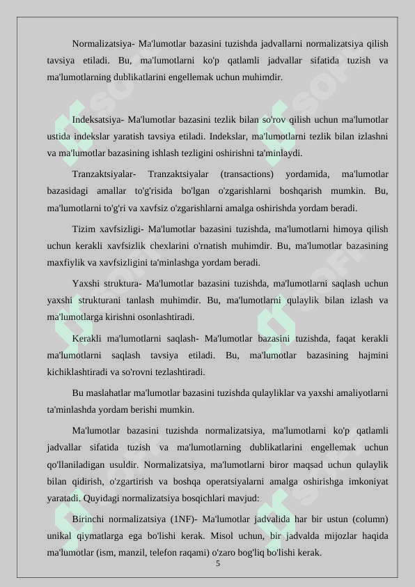 Korxona tomonidan ishlab chiqarilgan yoki sotiladigan mahsulotlarning marketing tadqiqotlari natijalarini qayta ishlash jarayonini avtomatlashtirishni tashkil etish uchun ma’lumotlar bazasini loyihalash 5