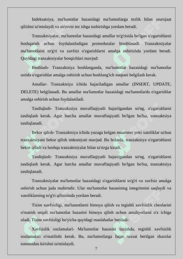 Korxona tomonidan ishlab chiqarilgan yoki sotiladigan mahsulotlarning marketing tadqiqotlari natijalarini qayta ishlash jarayonini avtomatlashtirishni tashkil etish uchun ma’lumotlar bazasini loyihalash 7