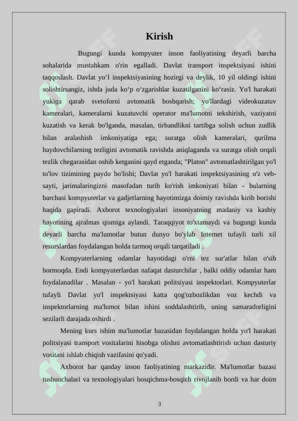 Davlat avtomobil transporti xizmati xodimlari tomonidan avtotransport vositalarini hisobga olishni avtomatlashtirish uchun ma’lumotlar bazasini yaratish 3