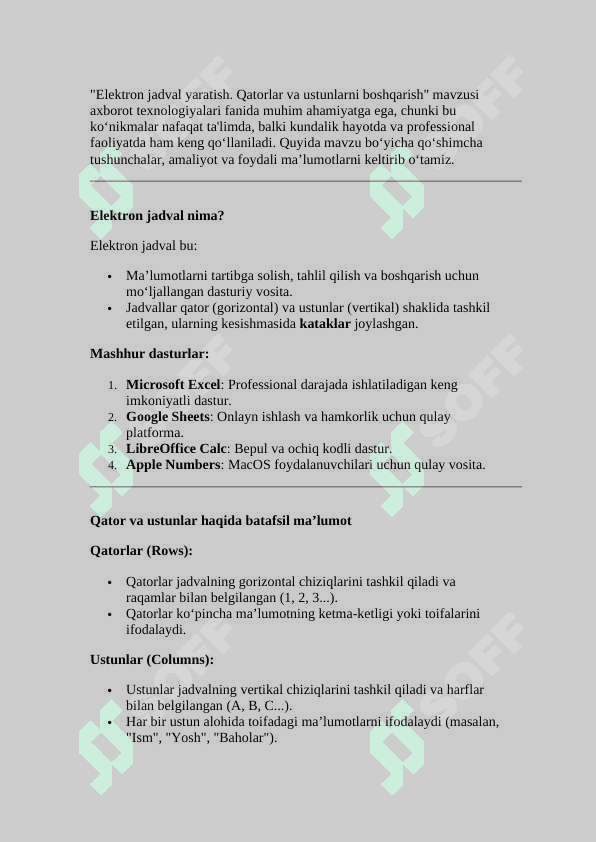 Elektron jadval yaratish. Qatorlar va ustunlarni boshqarish ( Dars ishlanma ) 4