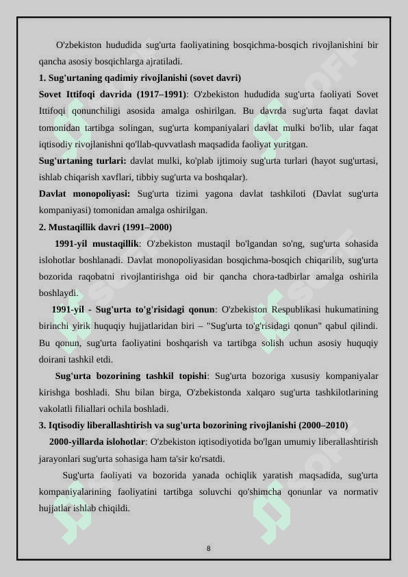 Sug’urta faoliyati qonunchiligining rivojlanishi. 8