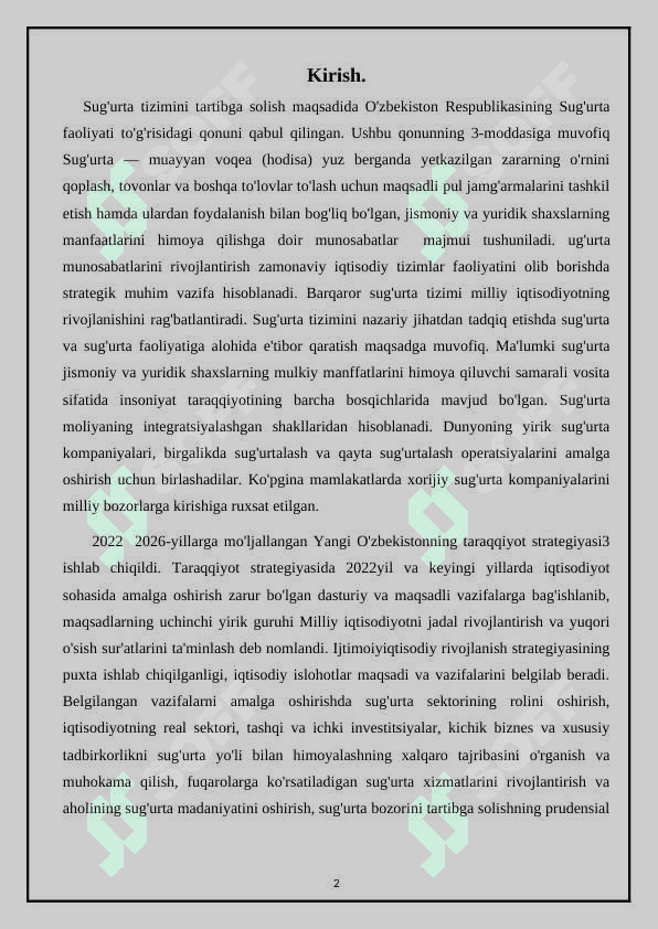 Sug’urtaning tarmoqlar bo’yicha klassifikatsiyalash: shaxsiy sug’urta; mulkiy sug’urta; javobgarlik sug’urtasi. 2