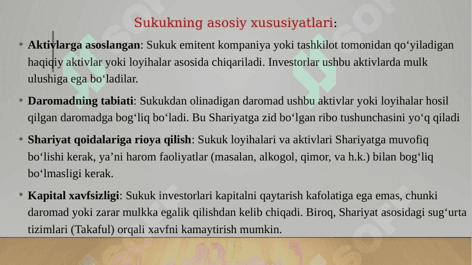 Sukuk. Jahon sukuk bozori. Sukuk va an'anaviy obligatsiyalar o'rtasidagi farqlar. Islom banki mahsulotlarida yashirin kredit foizlarining mavjudligi muammosi. 6