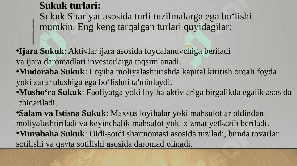 Sukuk. Jahon sukuk bozori. Sukuk va an'anaviy obligatsiyalar o'rtasidagi farqlar. Islom banki mahsulotlarida yashirin kredit foizlarining mavjudligi muammosi. 7
