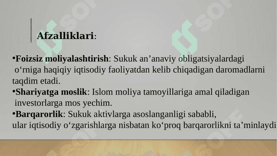 Sukuk. Jahon sukuk bozori. Sukuk va an'anaviy obligatsiyalar o'rtasidagi farqlar. Islom banki mahsulotlarida yashirin kredit foizlarining mavjudligi muammosi. 8