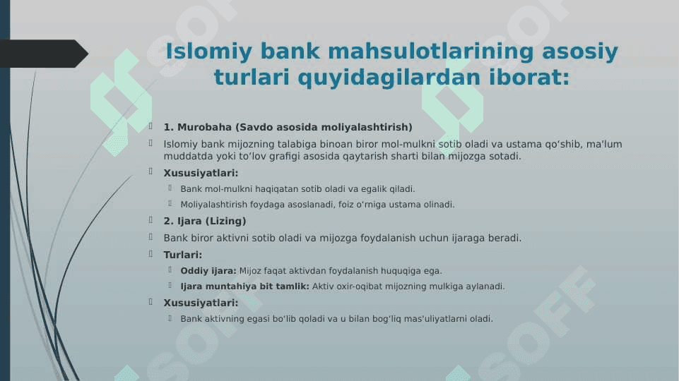 Islomiy bank mahsulotlarining asosiy turlari (murabaha, mudaraba, musharaka, kamaytiruvchi musharaka, ijara, vakala, qard hasan, salom, istisno) 2