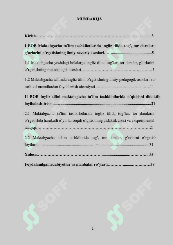 "INGLIZ TILIDA TOG’LAR, TOR DARALAR VA G’ORLARNI O’RGATISH ISHLANMA-LOYIHASI” 2