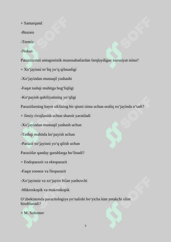 Prazitologiya fanidan 700 test javobi bn 7