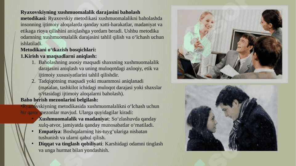 Muloqot haqida tushuncha Ryaxovaskiyning xushmuomalalik darajasini baholash metodikasini oʻtkazish 3