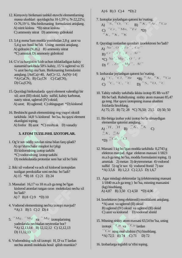 KIMYO VA BIOLOGIYA TESTLAR TOPLAMI JAVOBLARI BILAN BIRGA 4