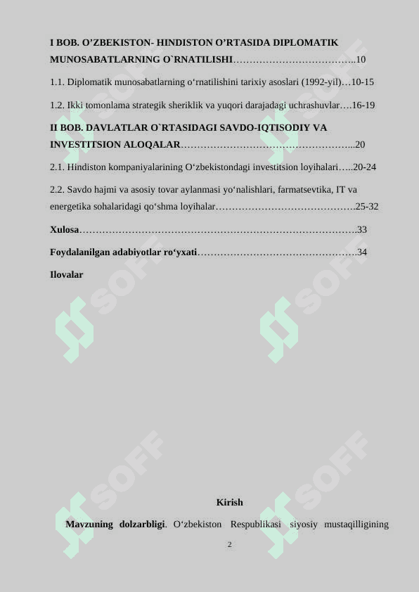 Kurs ishi O'zbekiston Hindiston o'rtasidagi diplomatik munosabatlar  munosabatlar 2