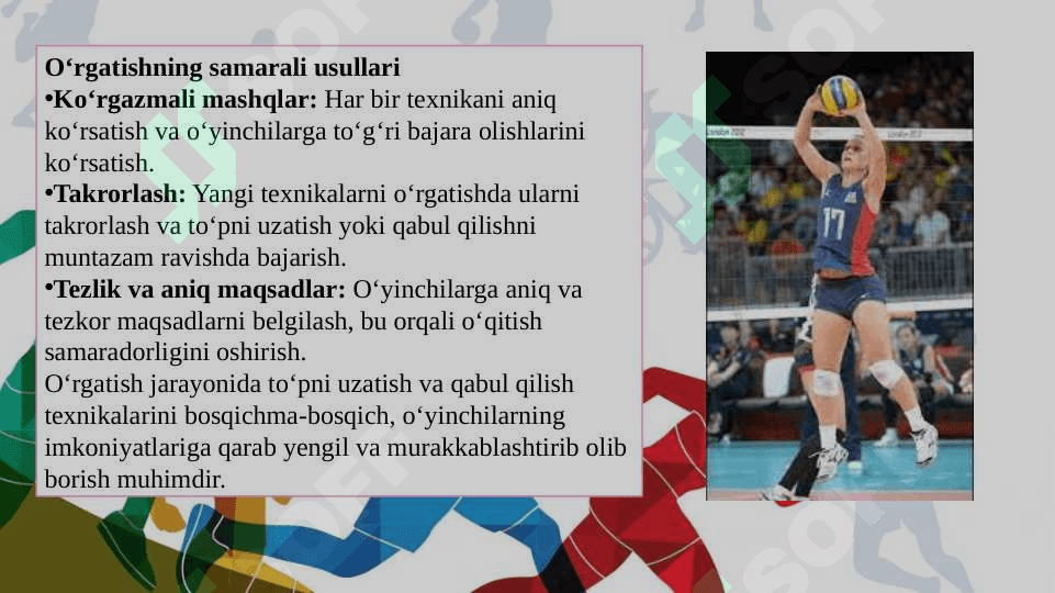 Voleybol o‘yinida to‘pni uzatish va qabul qilish texnik usullarni o‘rgatish 7
