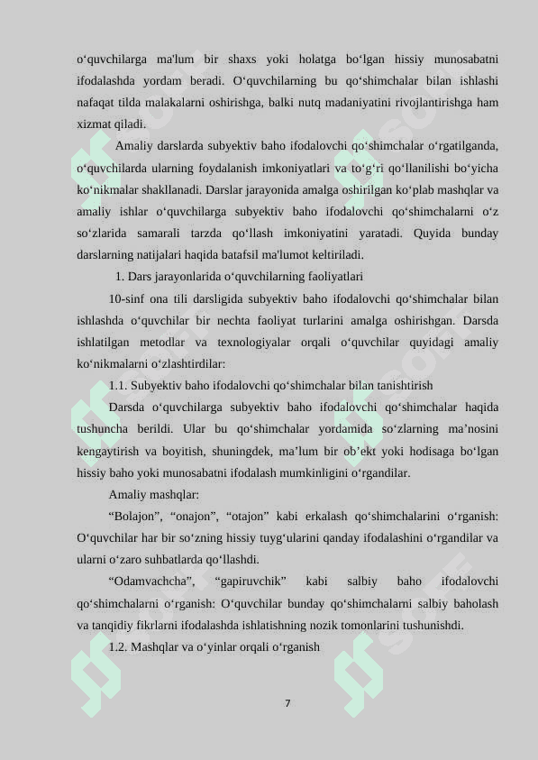 O‘quvchilarning subyektiv baho ifodalovchi qo‘shimchalar uslubiyati ustida ishlash malakalarini rivojlantirish (10-sinf misolida) 8