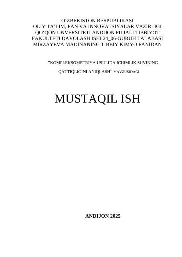 KOMPLEKSOMETRIYA USULIDA ICHIMLIK SUVINING QATTIQLIGINI ANIQLASH