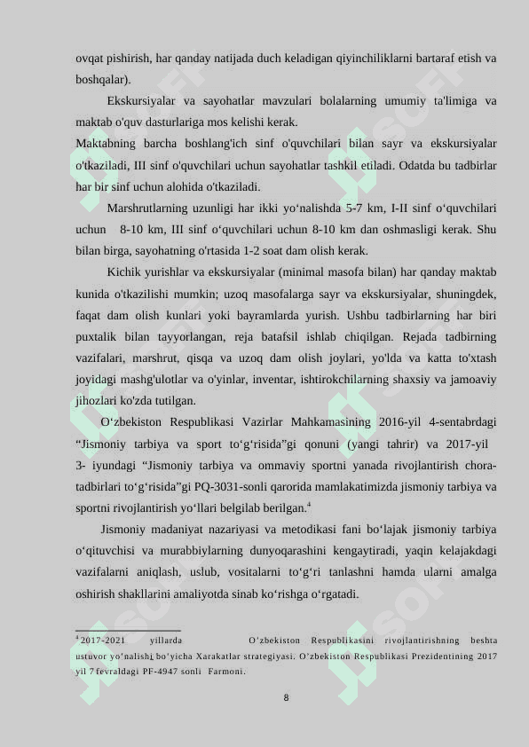Maktab o`quvchilarida darsdan va sinfdan tashqari jismoniy tarbiyani tashkil etish metodikasi 8