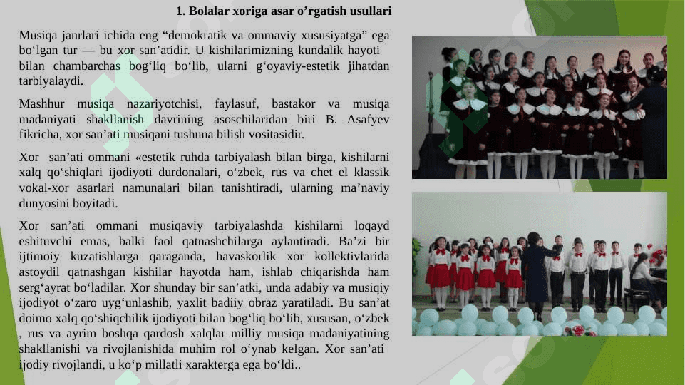 Kichik va o‘rta yoshdagi o‘quvchilar xor guruhi uchun tanlangan asarlarni tahlil qilish va ijro etish 2