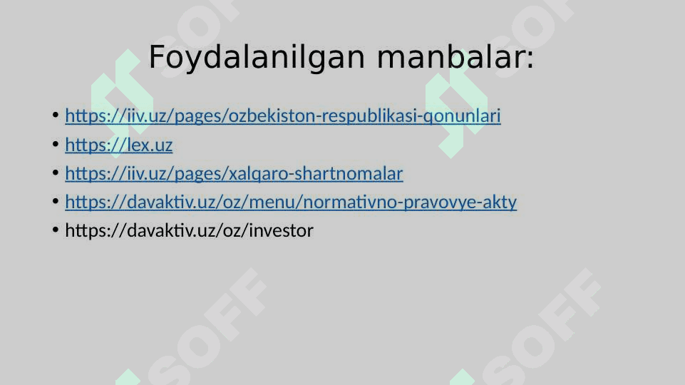 Xorijiy investorlar huquqiy holatining o`ziga xos xususiyatlari 8