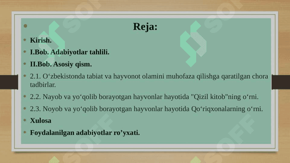Noyob va yo’qolib borayotgan hayvonlarni asrashga qaratilgan dastur va loyihalar. 2