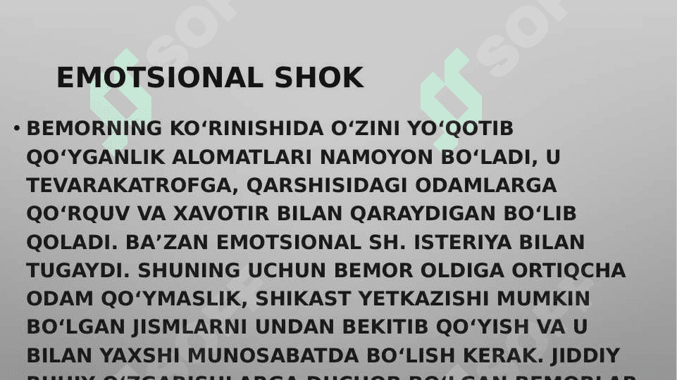 Bemorlarning ruhiy holati Depressiya, shok, qo’rquv, cho’chish, o’zini aybdor xis qilish, suitsidal fikrlash. 7