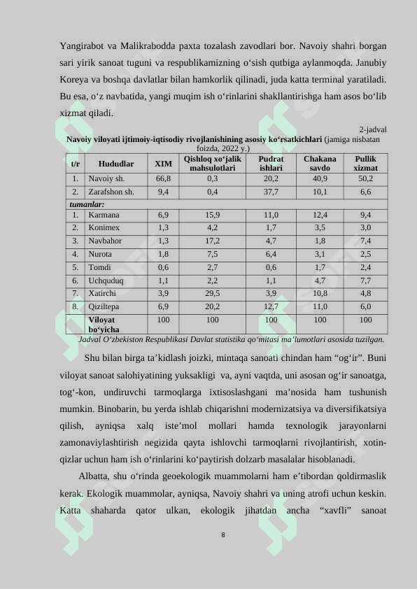 Navoiy viloyatining iqtisodiyot geografiyasi kurs ishi 8