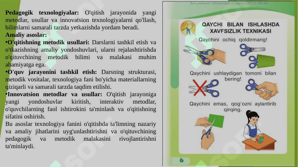 Texnologiya o'qitish metodikasi fanining nazariy va amaliy asoslari. Texnologiya o'qitish metodikasi fanining o'qitish metodologiyasi. texnologiya fanini o'qitish tamoyillari. Texnologiya fani nazariyasining asosiy negizlari. Texnologiya fani ta'limi va tarbiyaning uzviyligi 4