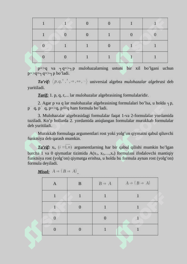 Mulohazalar algebrasi. Mulohaza, mantiqiy amallar, formula, qism formula, 6