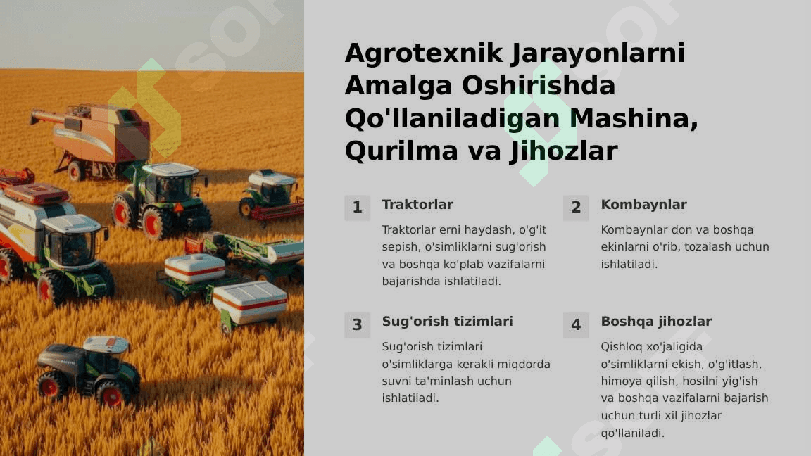 Qishloq Xo'jaligi Ishlab Chiqarishida Agrotexnik Jarayonlar va ularni  amalga oshirishda qo’llaniladigan mashina,qurilma va jihozlarning texnologik  jarayonlarini nazarotlash va boshqarish 2