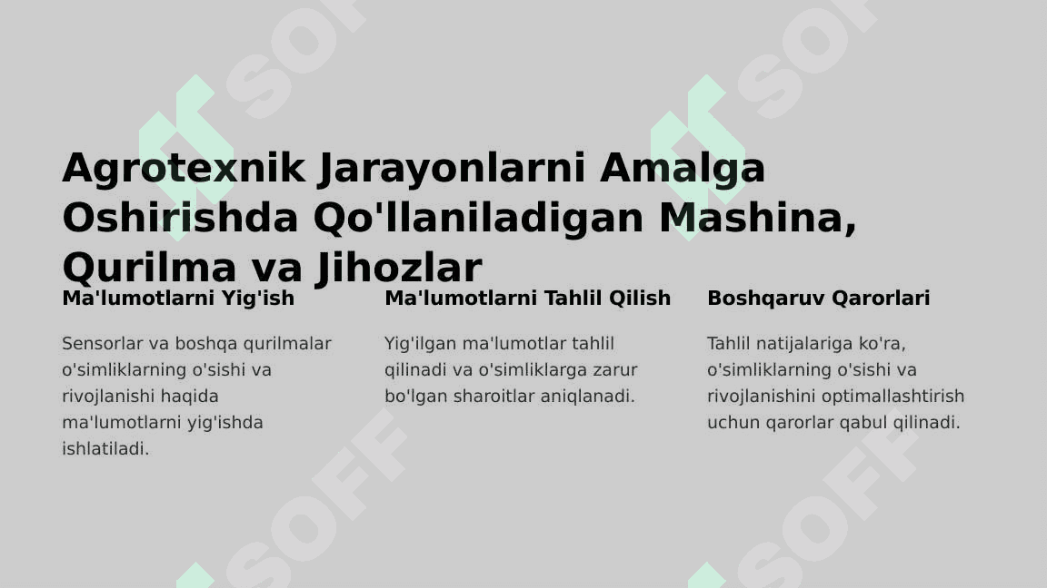 Qishloq Xo'jaligi Ishlab Chiqarishida Agrotexnik Jarayonlar va ularni  amalga oshirishda qo’llaniladigan mashina,qurilma va jihozlarning texnologik  jarayonlarini nazarotlash va boshqarish 3
