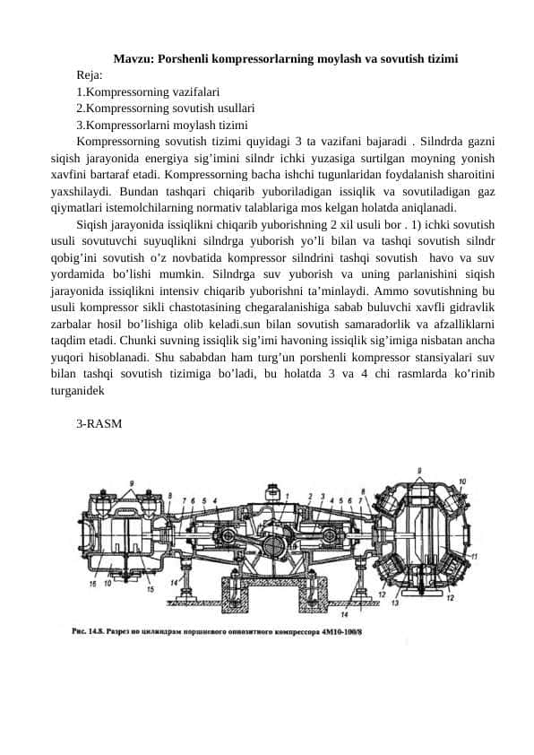 Porshenli kompressorlarning moylash va sovutish tizimi