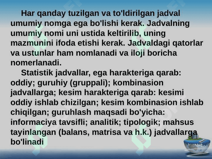 Statistik ma’lumotlarni taqdim etish usullari. Jadvallar va grafiklar 5