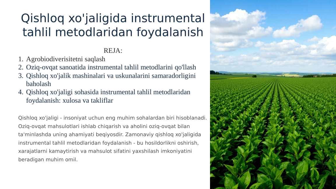 Qishloq xo'jaligida instrumental tahlil metodlaridan foydalanish