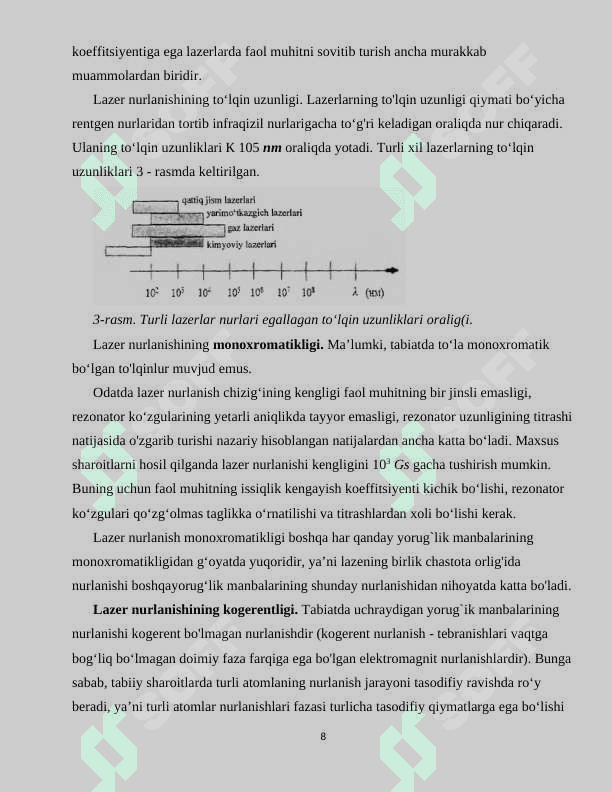 Geodeziyada qo`llaniladigan lazer nurlanishi xossalari.Lazerli geodezik qurilmalarning tarkibiy sxemasi 8