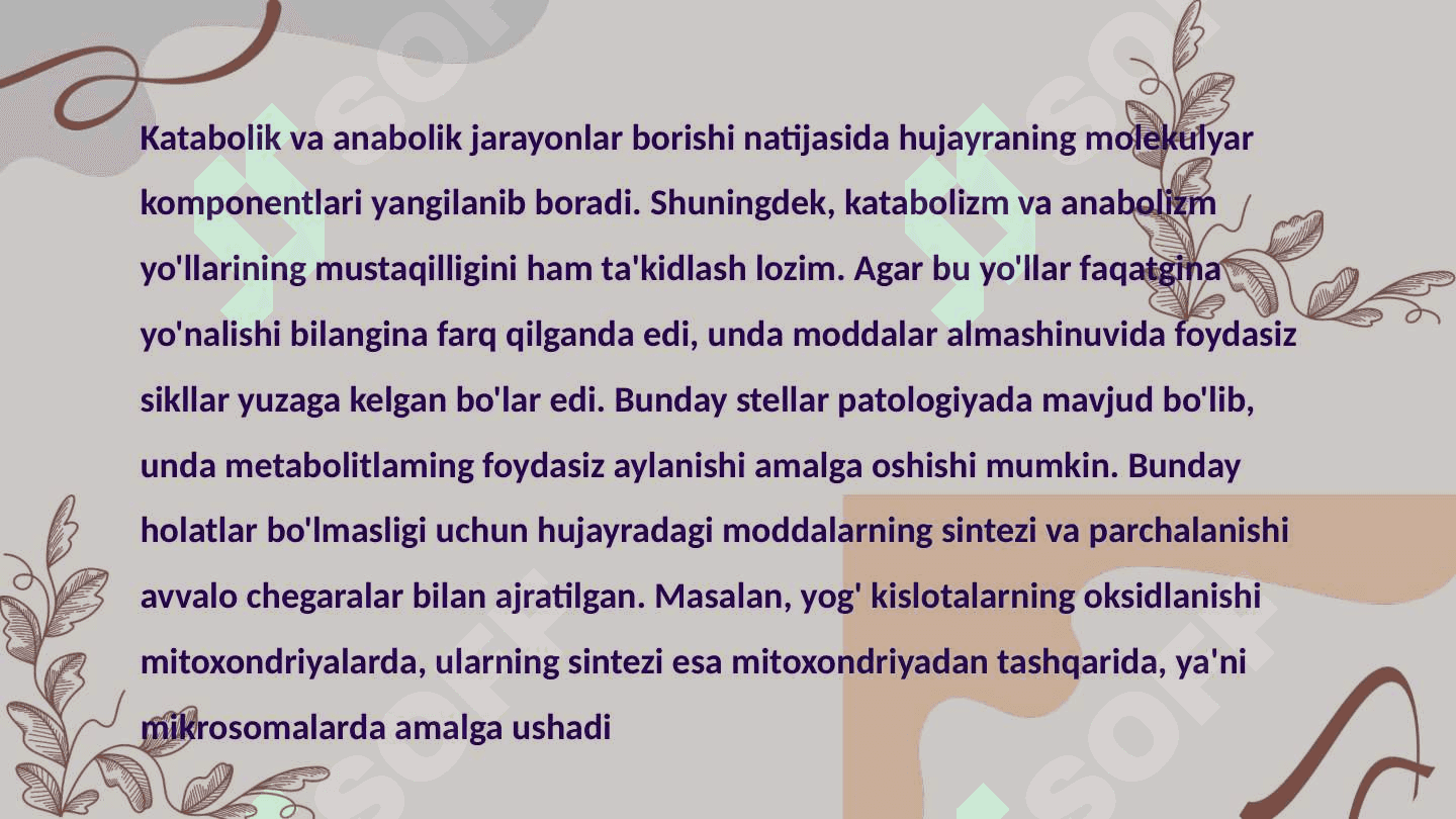 Katabolizm va anabolizm. Uning normal va patalogik holatlardagi oʻzgarishlari 8