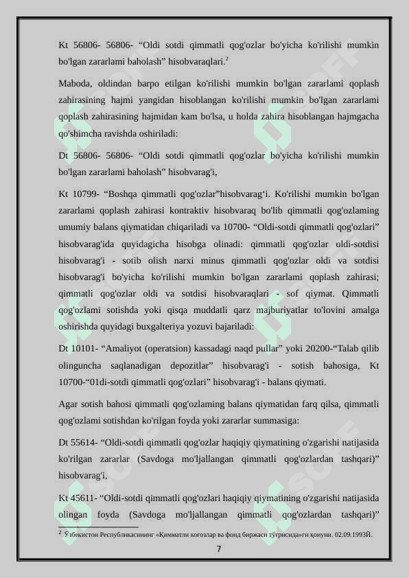 Banklarning qimmatli qog’ozlar bilan operatsiyalari va ularning hisobini tashkil etilishi. 7