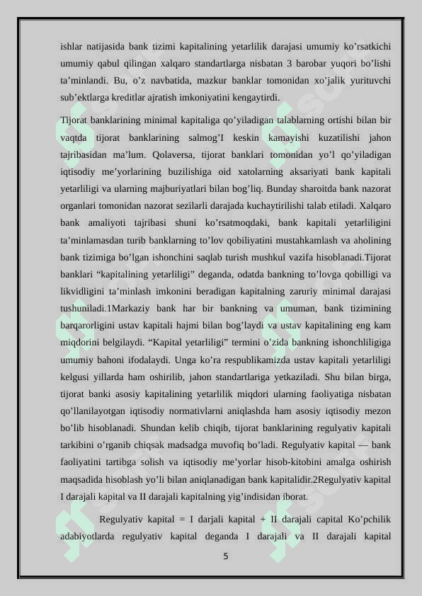 Banklarning kapitali va uning buxgalteriya hisobini yuritilishi. Banklarning kapitali va uning buxgalteriya hisobini yuritilishi. 5