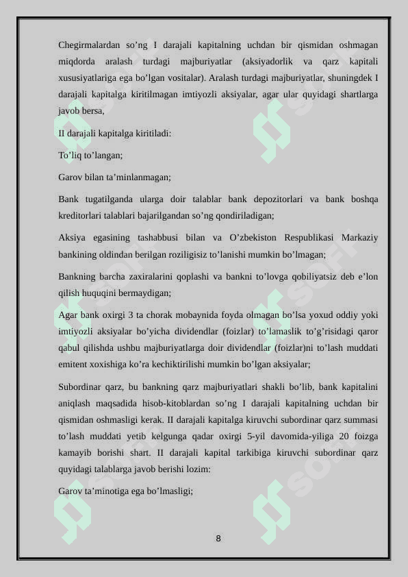 Banklarning kapitali va uning buxgalteriya hisobini yuritilishi. Banklarning kapitali va uning buxgalteriya hisobini yuritilishi. 8