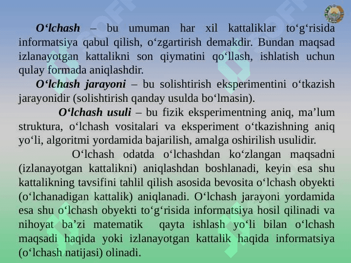 О‘lchash usullari va о‘lchash turlari. О‘lchash xatoligi 5